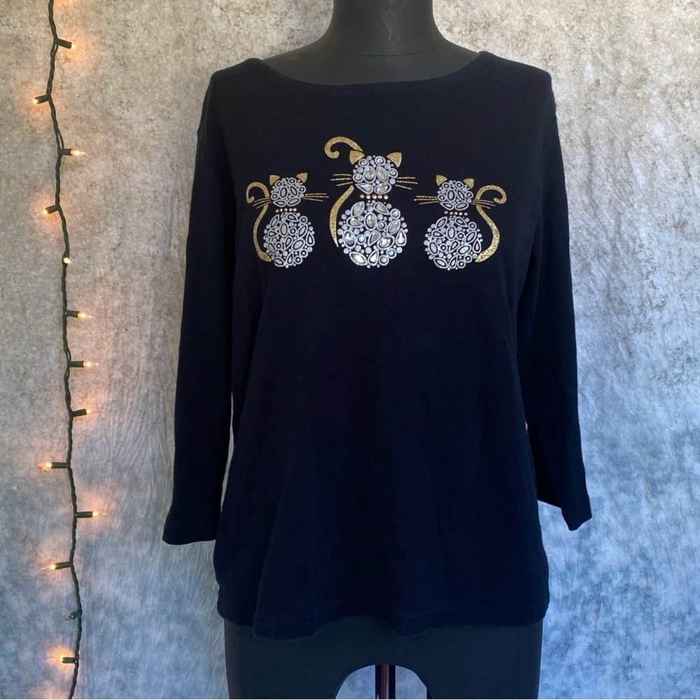 🪩Karen Scott Black long sleeve top featuring cats and rhinestones size PL